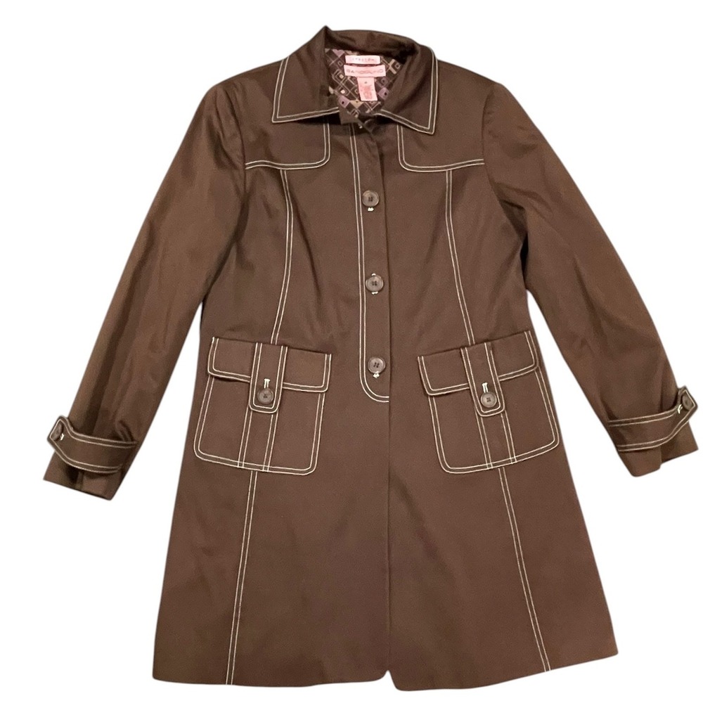 Bandolino Brown White Stitch Long Sleeve Trench Coat Women's Size 8